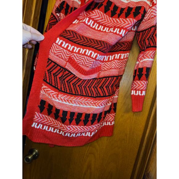 Women's Long Red Cardigan with Fuzzy Hood Size Large - Picture 3 of 8